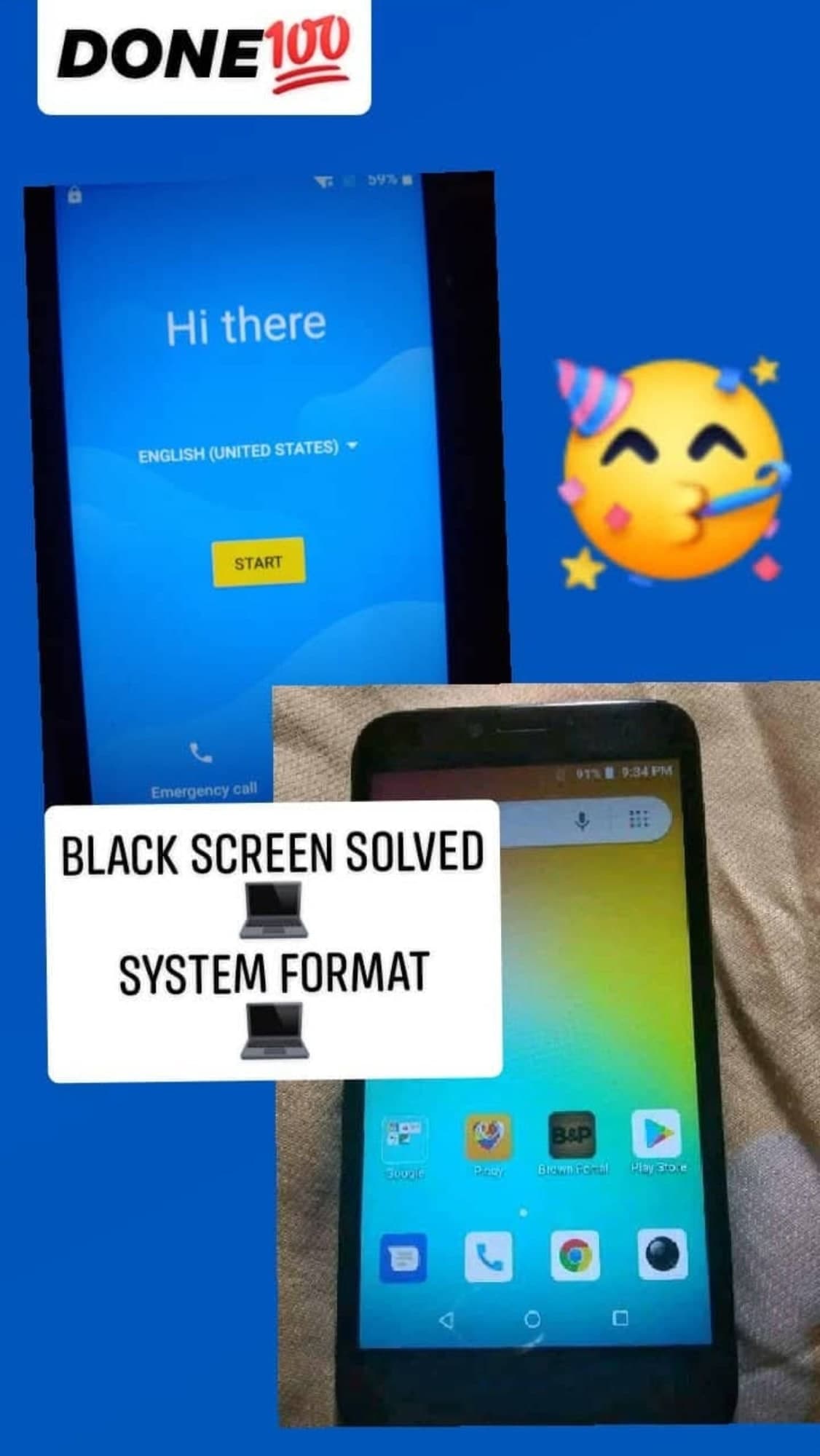 Work-log post: a phone restored after a black-screen fault, with a system format.