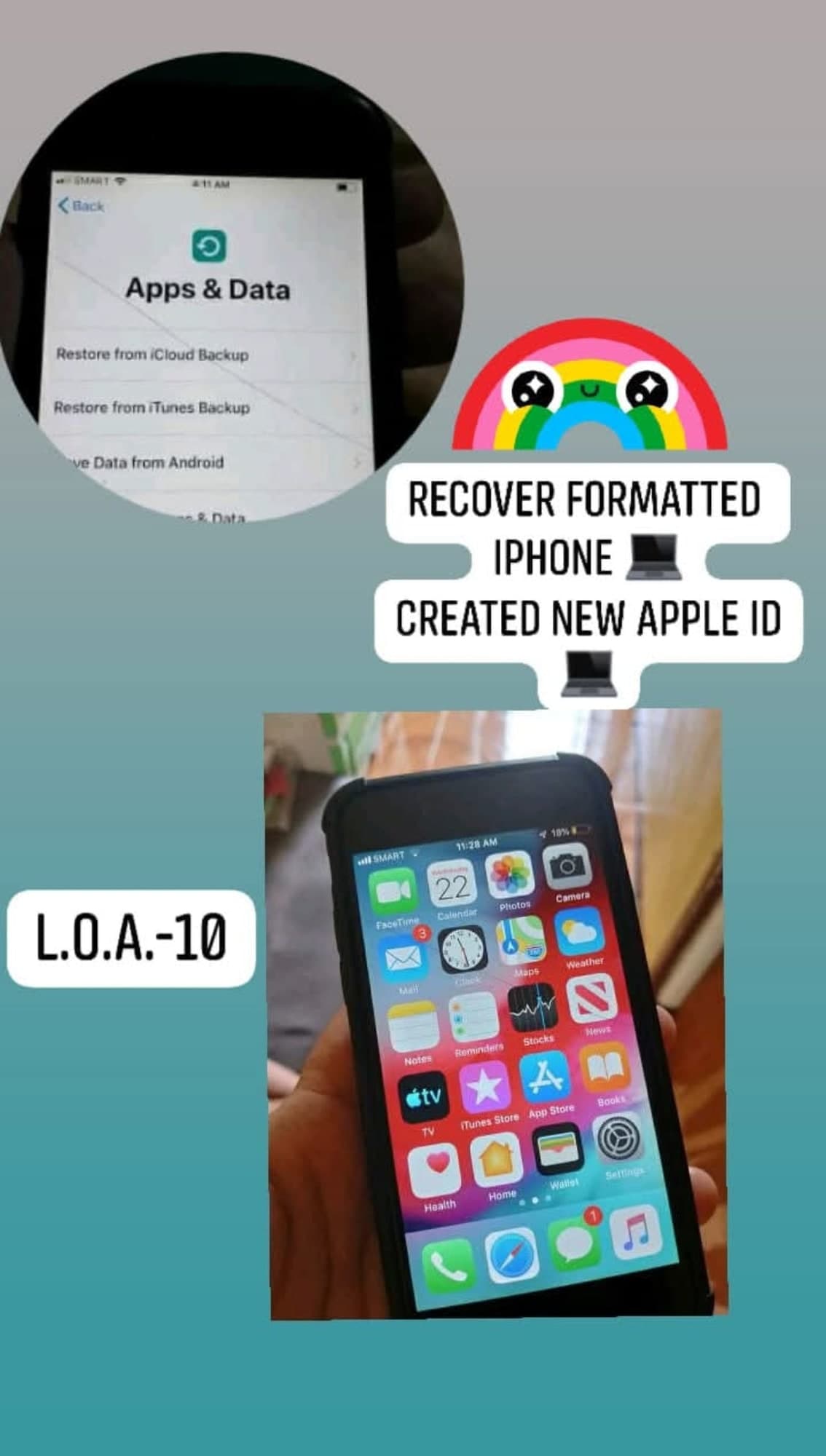 Work-log post: an iPhone set up from scratch after it had been erased, with a new Apple ID created.