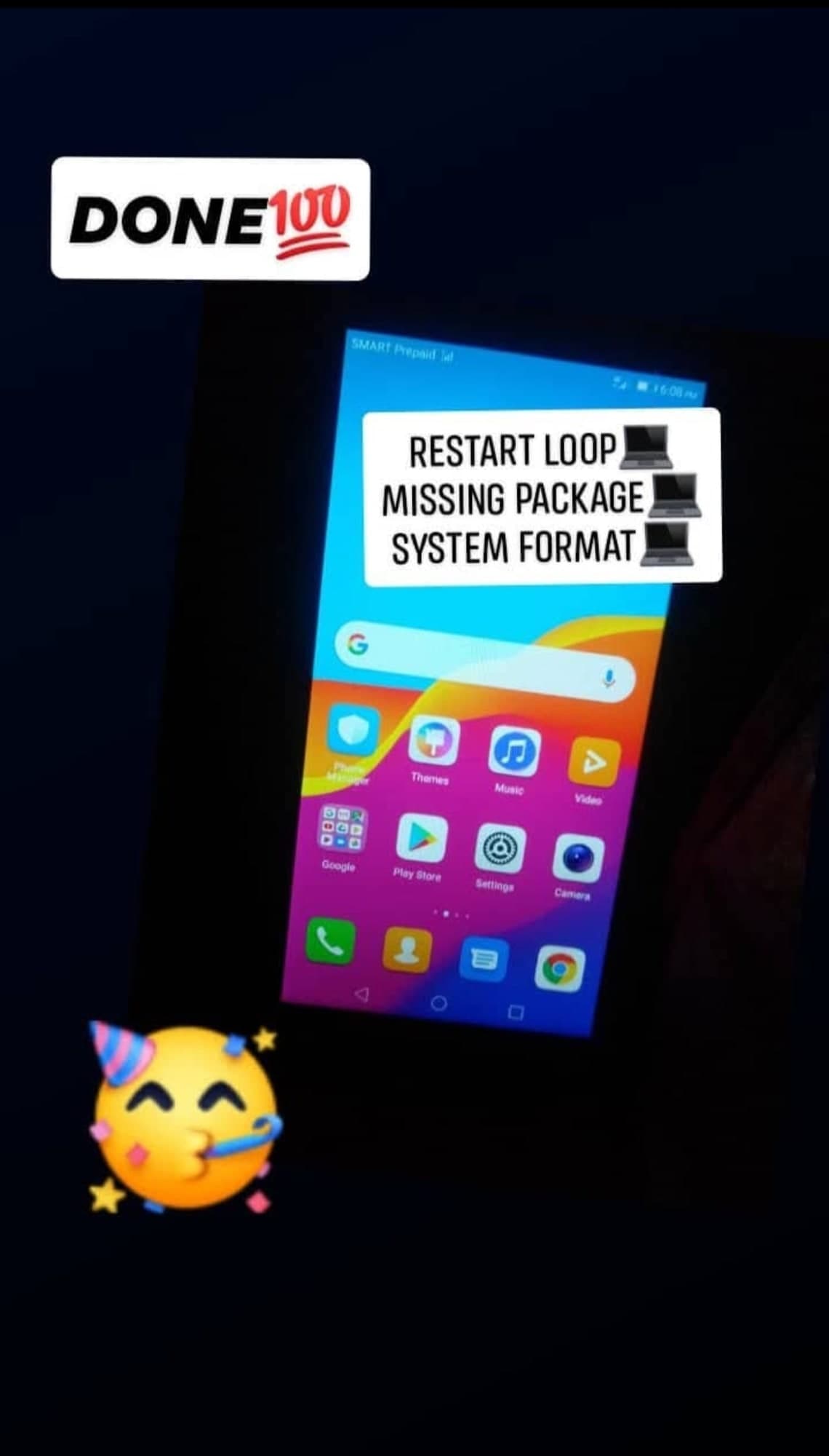 Work-log post: a phone restored after a restart loop and a missing system package, with a system format.