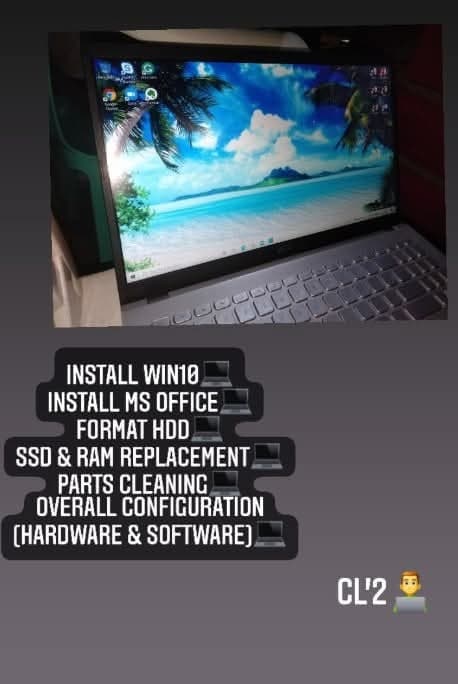 Work-log post: Windows 10 and Microsoft Office installed, drive formatted, SSD and RAM replaced, parts cleaned, hardware and software configured.