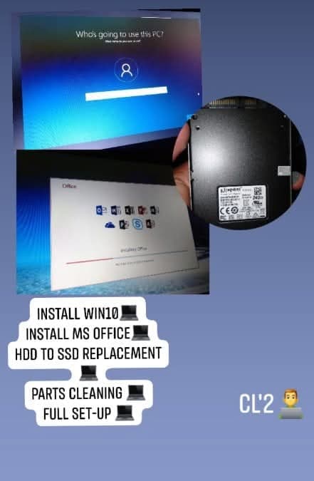 Work-log post: Windows 10 and Microsoft Office installed, hard drive replaced with an SSD, parts cleaned, full set-up completed.