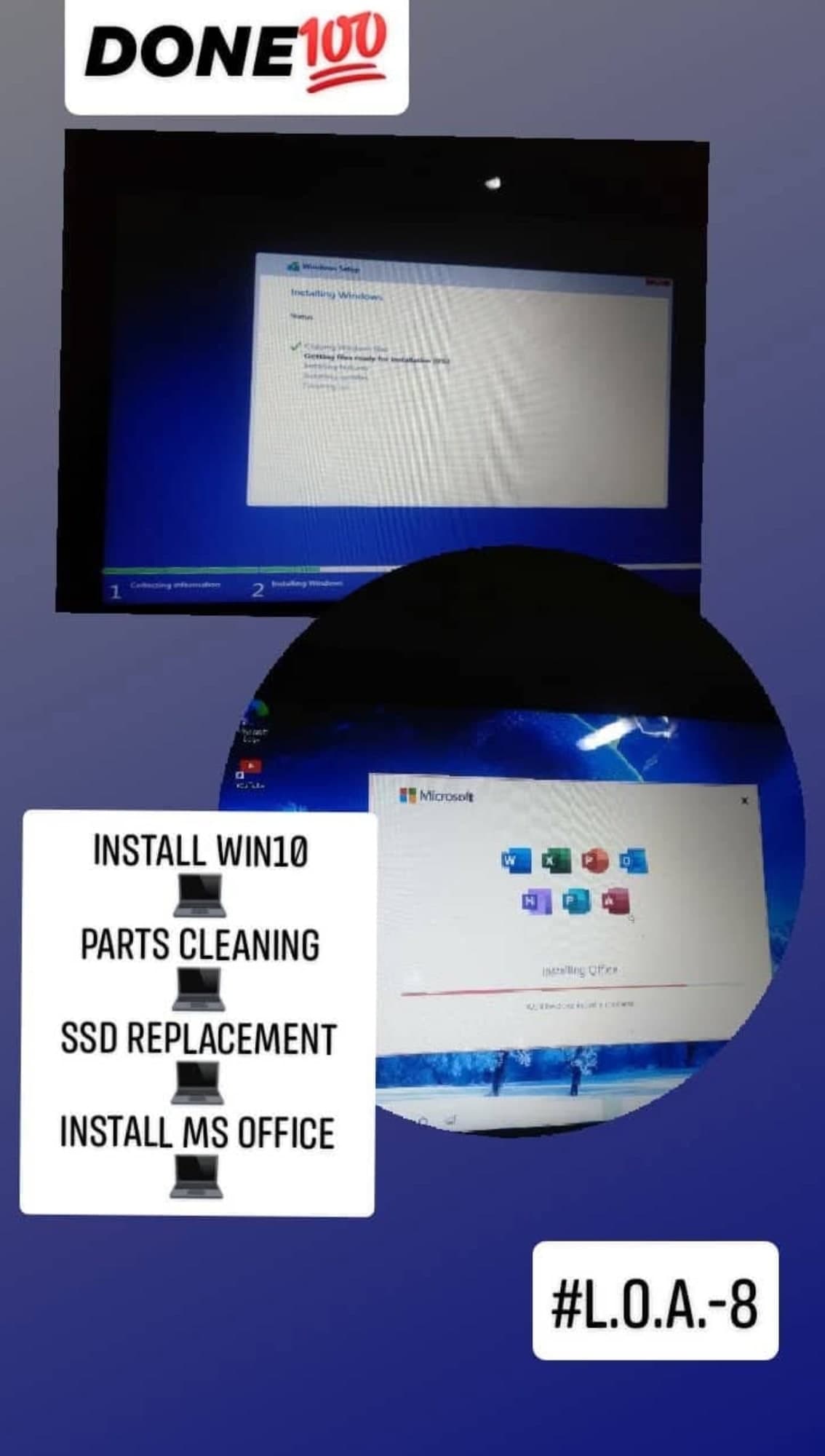 Work-log post: Windows 10 installed, parts cleaned, SSD replaced, Microsoft Office installed.