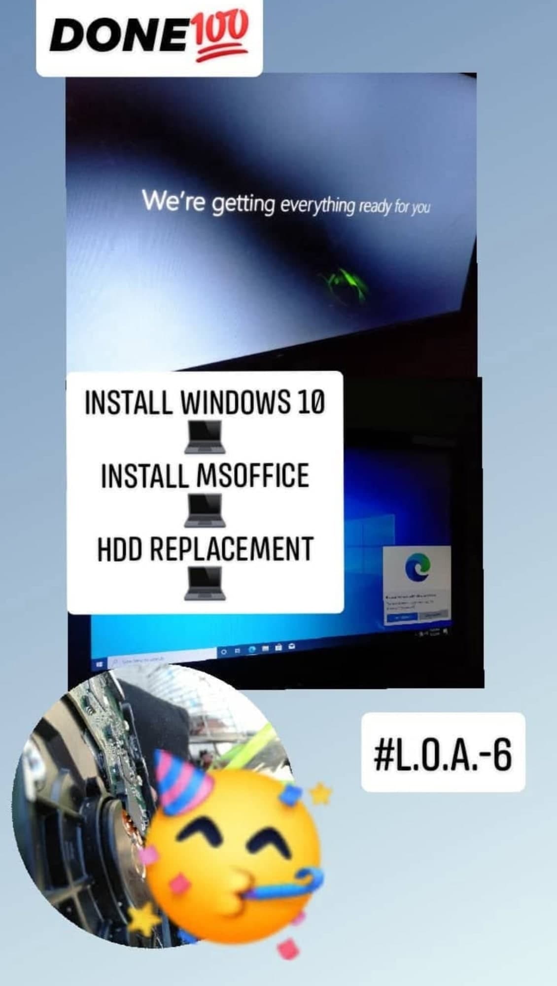 Work-log post: Windows 10 and Microsoft Office installed, hard drive replaced.